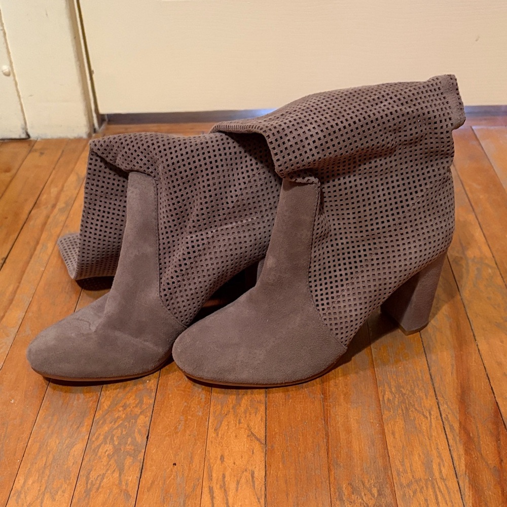 Vince Camuto Gray Perforated Fold-Over Suede Ankle Boots
